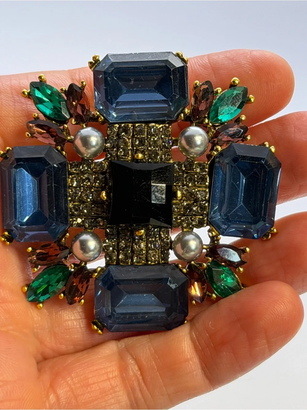 Statement Multi-Color Crystal Brooch  and pendant - Blue, Green & Black